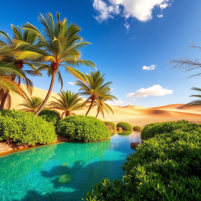 A breathtaking desert oasis, featuring lush palm trees swaying in the gentle breeze, vibrant green vegetation surrounding a crystal-clear turquoise pool of water