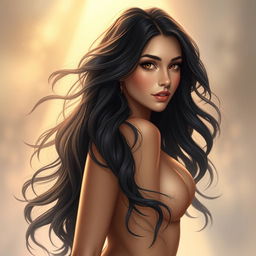 A beautiful Jewish girl depicted with long, flowing black wavy hair, showcasing her striking features and alluring physique