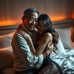 An intimate scene set in a softly lit bedroom at night, showcasing an older Chinese man with a kind, warm smile as he embraces a beautiful and sexy woman with long, flowing hair