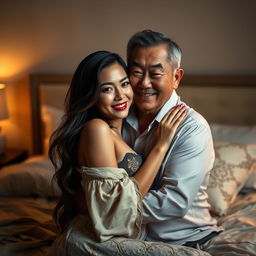 An intimate scene set in a softly lit bedroom at night, showcasing an older Chinese man with a kind, warm smile as he embraces a beautiful and sexy woman with long, flowing hair