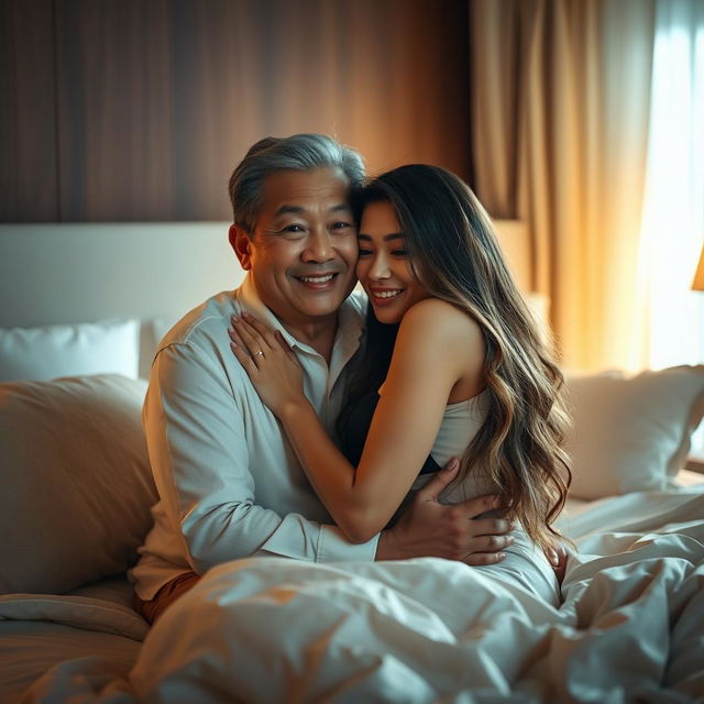 An intimate scene set in a softly lit bedroom at night, showcasing an older Chinese man with a kind, warm smile as he embraces a beautiful and sexy woman with long, flowing hair