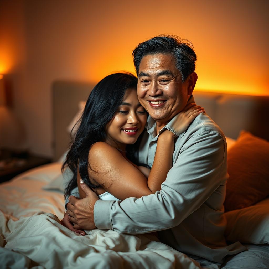 An intimate scene set in a softly lit bedroom at night, showcasing an older Chinese man with a kind, warm smile as he embraces a beautiful and sexy woman with long, flowing hair