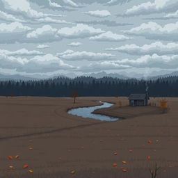 A pixel art representation of a melancholic landscape in Russia, featuring vast fields under a cloudy sky, a dense forest in the distance, a small river reflecting the grey hues of the atmosphere, scattered autumn leaves on the ground, and a lone cabin with smoke gently rising from its chimney, evoking a sense of solitude and contemplation