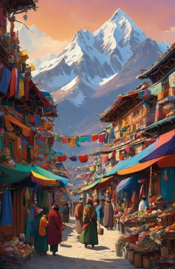 A high-resolution digital artwork of a bustling Tibetan marketplace in the heart of the Himalayas, rendered in the distinctive style of Studio Ghibli