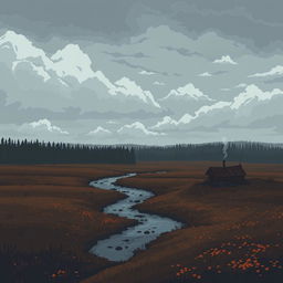 A pixel art representation of a melancholic landscape in Russia, featuring vast fields under a cloudy sky, a dense forest in the distance, a small river reflecting the grey hues of the atmosphere, scattered autumn leaves on the ground, and a lone cabin with smoke gently rising from its chimney, evoking a sense of solitude and contemplation