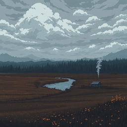 A pixel art representation of a melancholic landscape in Russia, featuring vast fields under a cloudy sky, a dense forest in the distance, a small river reflecting the grey hues of the atmosphere, scattered autumn leaves on the ground, and a lone cabin with smoke gently rising from its chimney, evoking a sense of solitude and contemplation