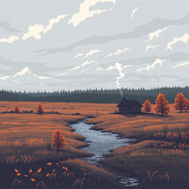 A pixel art representation of a melancholic landscape in Russia, featuring vast fields under a cloudy sky, a dense forest in the distance, a small river reflecting the grey hues of the atmosphere, scattered autumn leaves on the ground, and a lone cabin with smoke gently rising from its chimney, evoking a sense of solitude and contemplation