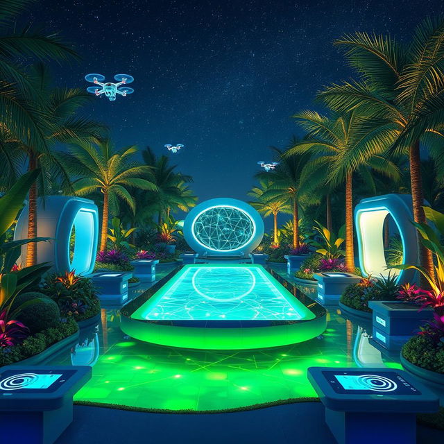 An imaginative depiction of an AI-driven oasis, seamlessly blending technology with nature