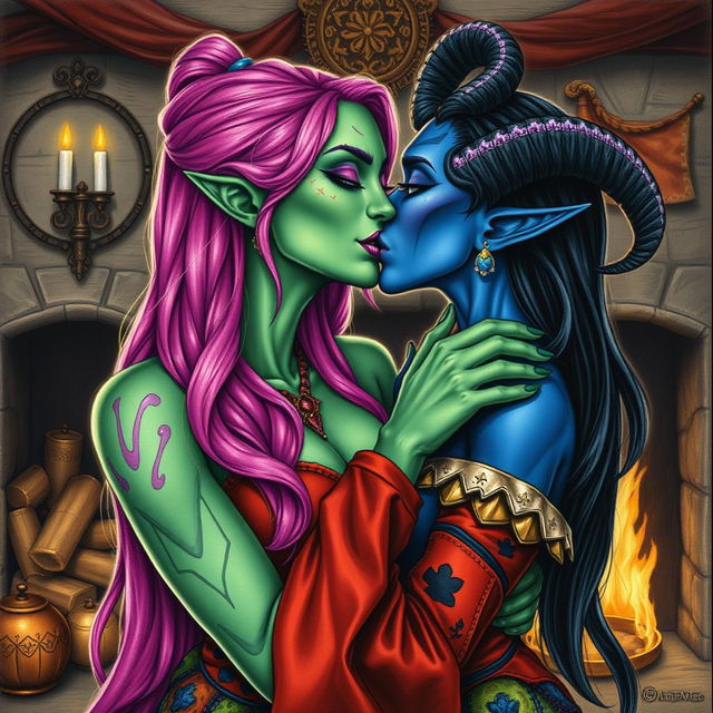 A Yuan-ti pureblood woman with vibrant green scaly skin and long, bright pink hair, accented with purple lipstick, passionately kissing a beautiful blue tiefling woman