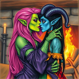 A Yuan-ti pureblood woman with vibrant green scaly skin and long, bright pink hair, accented with purple lipstick, passionately kissing a beautiful blue tiefling woman