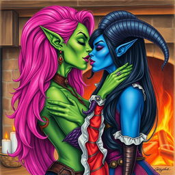 A Yuan-ti pureblood woman with vibrant green scaly skin and long, bright pink hair, accented with purple lipstick, passionately kissing a beautiful blue tiefling woman