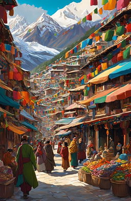 A high-resolution digital artwork of a bustling Tibetan marketplace in the heart of the Himalayas, rendered in the distinctive style of Studio Ghibli