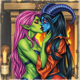 A Yuan-ti pureblood woman with vibrant green scaly skin and long, bright pink hair, accented with purple lipstick, passionately kissing a beautiful blue tiefling woman