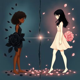 An artistic illustration featuring two stylized women