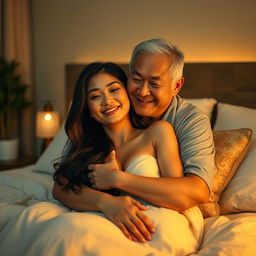 A serene and intimate scene set in a softly lit bedroom at night, depicting an older Chinese man with a wise and gentle smile as he warmly embraces a stunningly beautiful and sexy woman with long, flowing hair