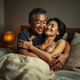 A serene and intimate scene set in a softly lit bedroom at night, depicting an older Chinese man with a wise and gentle smile as he warmly embraces a stunningly beautiful and sexy woman with long, flowing hair