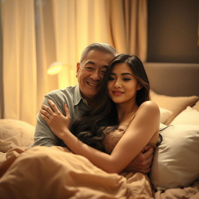 A serene and intimate scene set in a softly lit bedroom at night, depicting an older Chinese man with a wise and gentle smile as he warmly embraces a stunningly beautiful and sexy woman with long, flowing hair