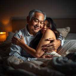 A serene and intimate scene set in a softly lit bedroom at night, depicting an older Chinese man with a wise and gentle smile as he warmly embraces a stunningly beautiful and sexy woman with long, flowing hair