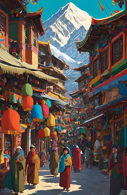 A high-resolution digital artwork of a bustling Tibetan marketplace in the heart of the Himalayas, rendered in the distinctive style of Studio Ghibli