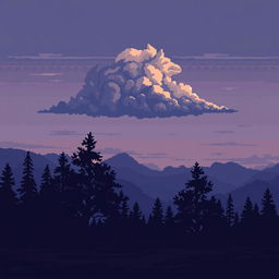Pixel art landscape depicting a sad atmosphere in nature, featuring clouds shaped like a wolf