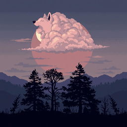 Pixel art landscape depicting a sad atmosphere in nature, featuring clouds shaped like a wolf