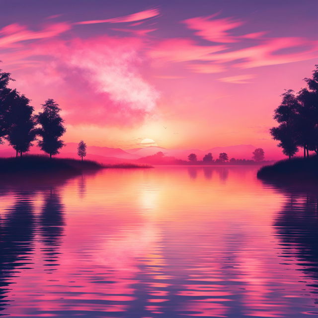 A high-quality digital art piece depicting a serene landscape at sunset