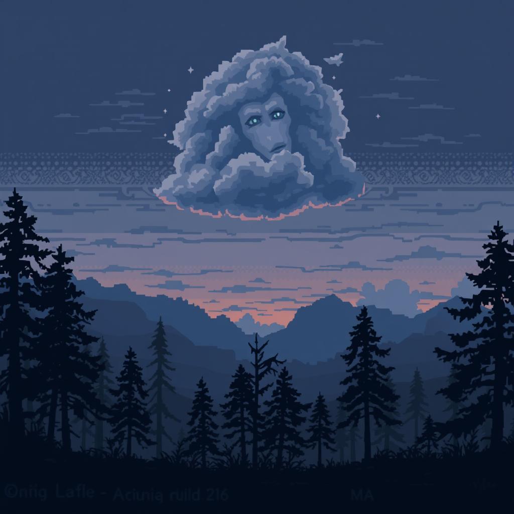 Pixel art landscape depicting a sad atmosphere in nature, featuring clouds shaped like a wolf