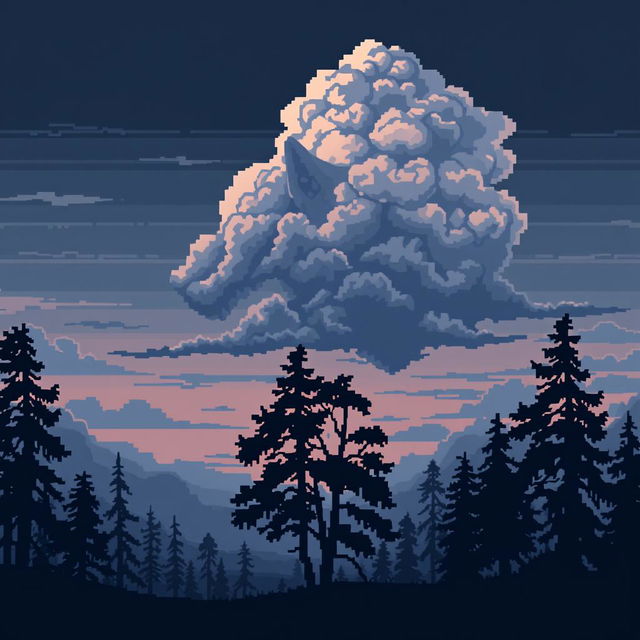 Pixel art landscape depicting a sad atmosphere in nature, featuring clouds shaped like a wolf