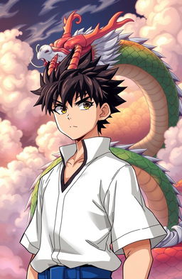 A handsome anime boy with striking features and a unique Chinese dragon horn protruding from his forehead, standing confidently