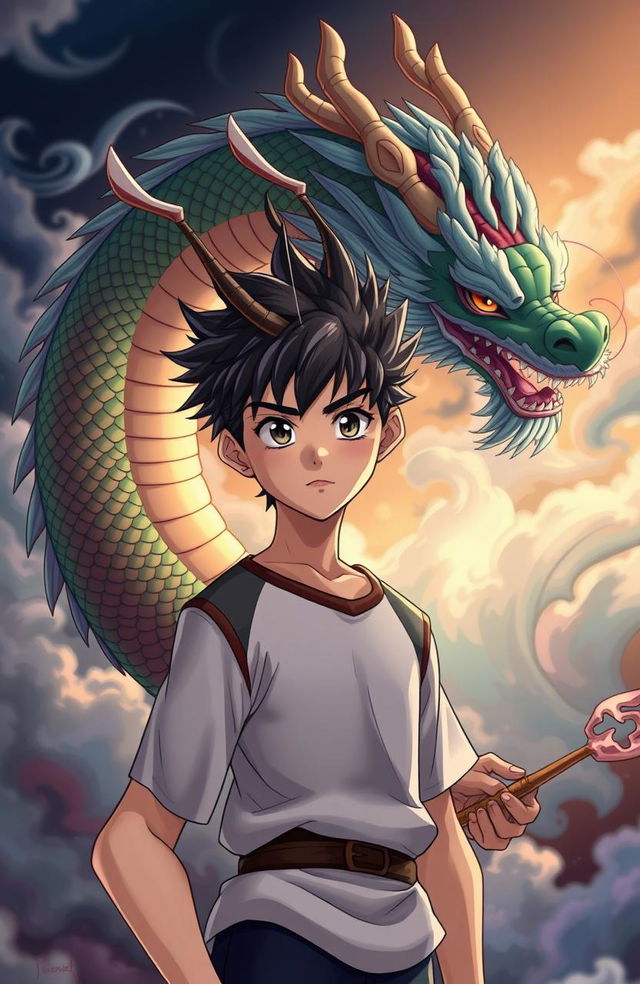 A handsome anime boy with striking features and a unique Chinese dragon horn protruding from his forehead, standing confidently