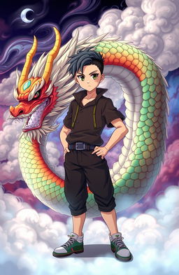 A handsome anime boy with striking features and a unique Chinese dragon horn protruding from his forehead, standing confidently