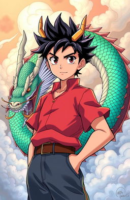 A handsome anime boy with striking features and a unique Chinese dragon horn protruding from his forehead, standing confidently