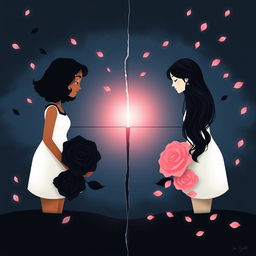 An artistic illustration featuring two stylized women