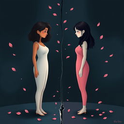 An artistic illustration featuring two stylized women
