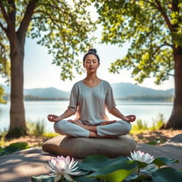 A serene scene of meditation set in a tranquil natural environment