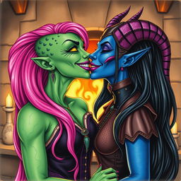A Yuan-ti pureblood woman with vibrant green scaly skin and long, flowing bright pink hair, adorned with striking purple lipstick, joyfully kissing a beautiful blue tiefling woman