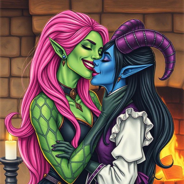 A Yuan-ti pureblood woman with vibrant green scaly skin and long, flowing bright pink hair, adorned with striking purple lipstick, joyfully kissing a beautiful blue tiefling woman