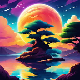 A high-quality digital art image that combines a serene landscape with the vibrant and energetic art style of Dragonball