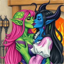 A Yuan-ti pureblood woman with vibrant green scaly skin and long, flowing bright pink hair, adorned with striking purple lipstick, joyfully kissing a beautiful blue tiefling woman