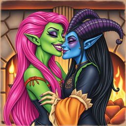 A Yuan-ti pureblood woman with vibrant green scaly skin and long, flowing bright pink hair, adorned with striking purple lipstick, joyfully kissing a beautiful blue tiefling woman