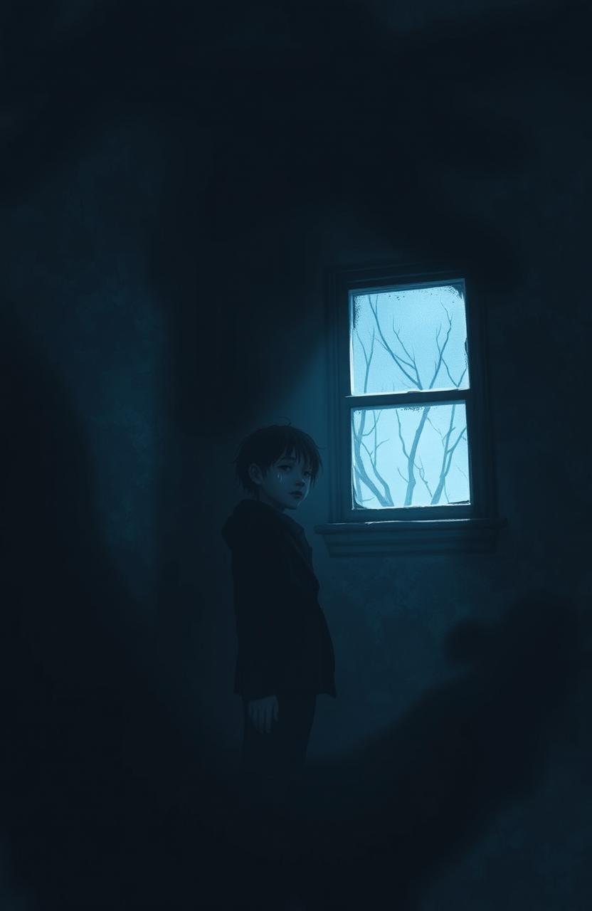 A haunting and emotional representation of darkness and struggle, showcasing a figure standing alone in a dimly lit room, surrounded by shadows that convey a sense of isolation and despair