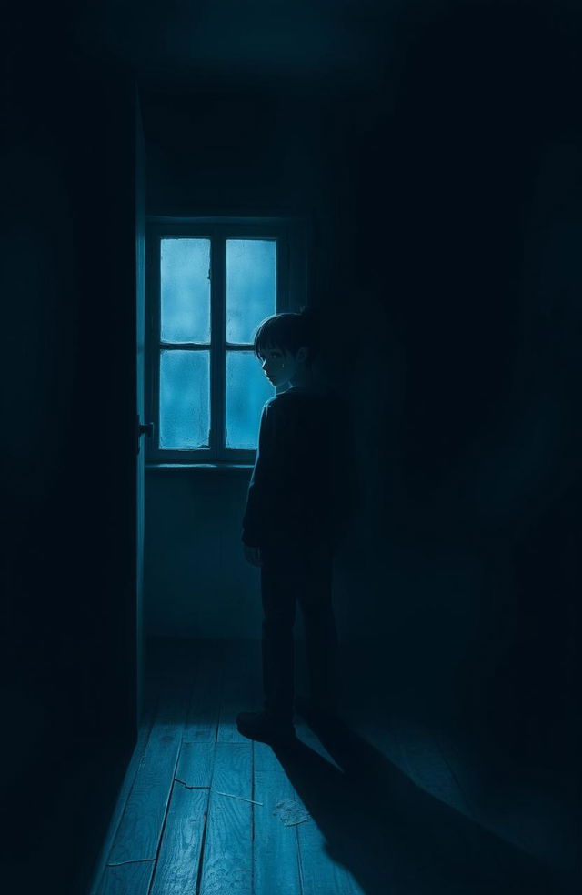 A haunting and emotional representation of darkness and struggle, showcasing a figure standing alone in a dimly lit room, surrounded by shadows that convey a sense of isolation and despair