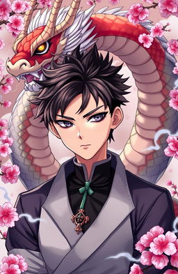 A handsome anime-style boy with striking features and a unique Chinese dragon horn protruding from his forehead
