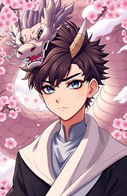 A handsome anime-style boy with striking features and a unique Chinese dragon horn protruding from his forehead