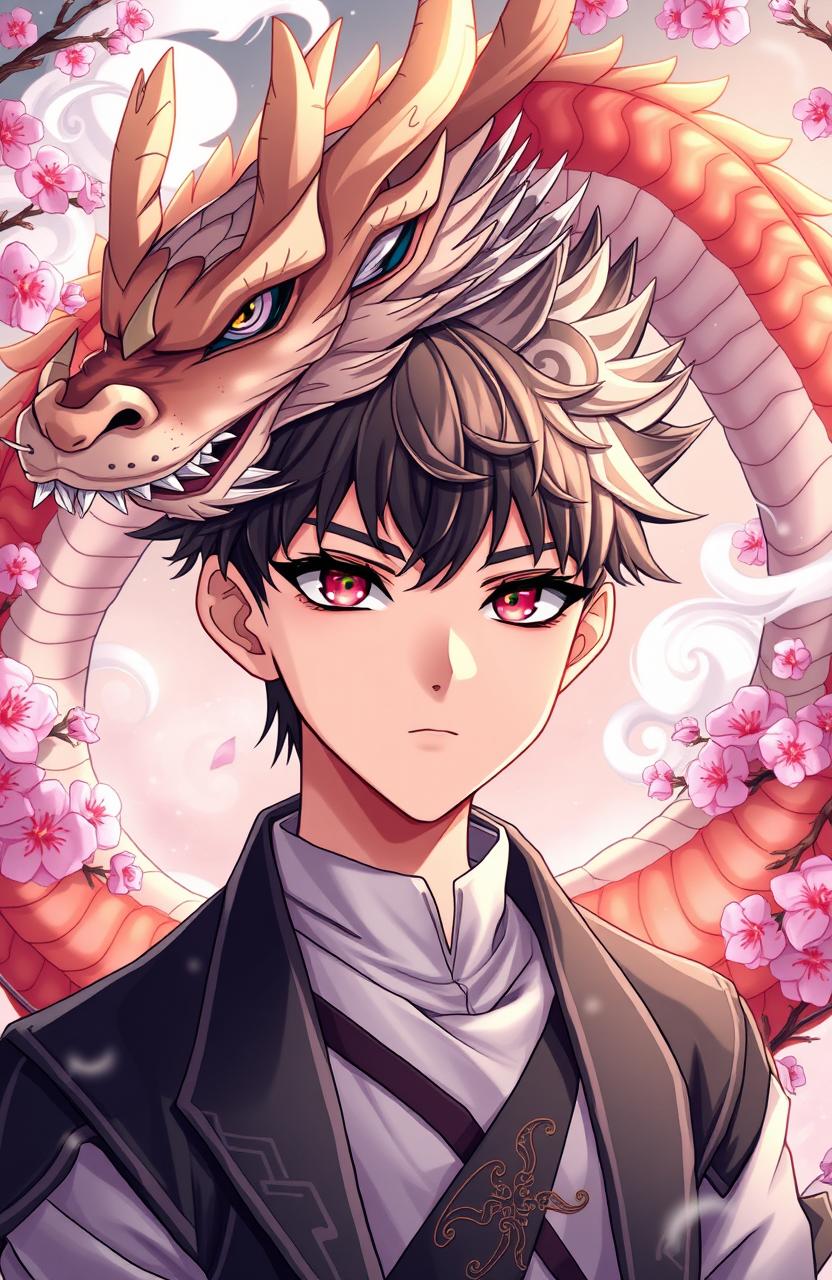 A handsome anime-style boy with striking features and a unique Chinese dragon horn protruding from his forehead