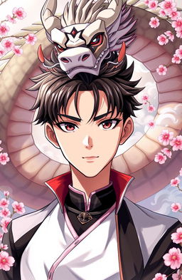 A handsome anime-style boy with striking features and a unique Chinese dragon horn protruding from his forehead