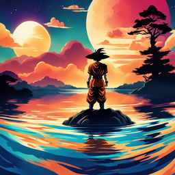 A high-quality digital art image that combines a serene landscape with the vibrant and energetic art style of Dragonball