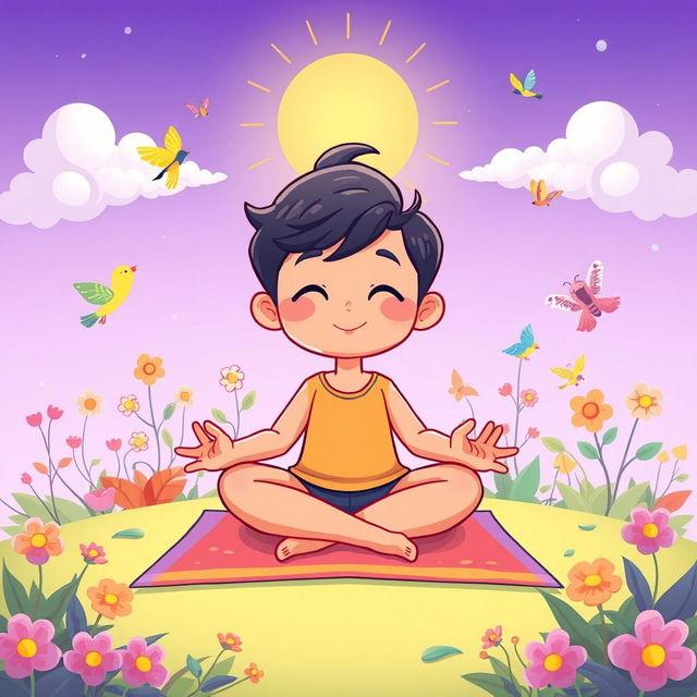 A vibrant cartoon-style illustration of a character meditating in a peaceful setting