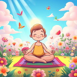 A vibrant cartoon-style illustration of a character meditating in a peaceful setting