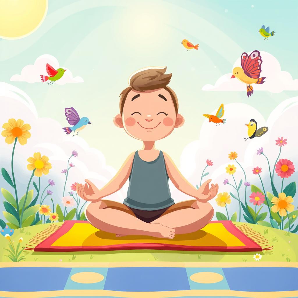 A vibrant cartoon-style illustration of a character meditating in a peaceful setting